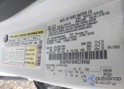 2017 Ford Fusion Se z USA, uszkodzony, nr VIN 3FA6P0H78HR278900